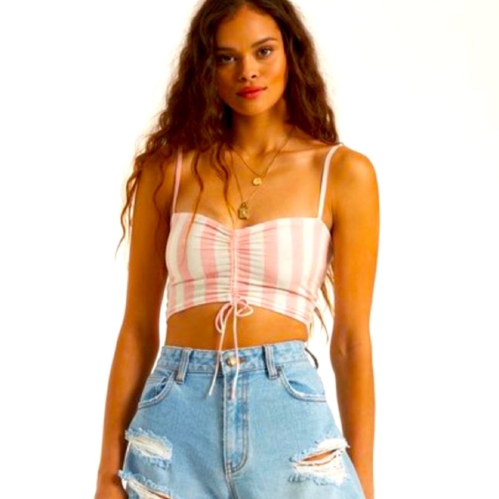 billabong pink white striped shirred smocked back crop top women’s small
